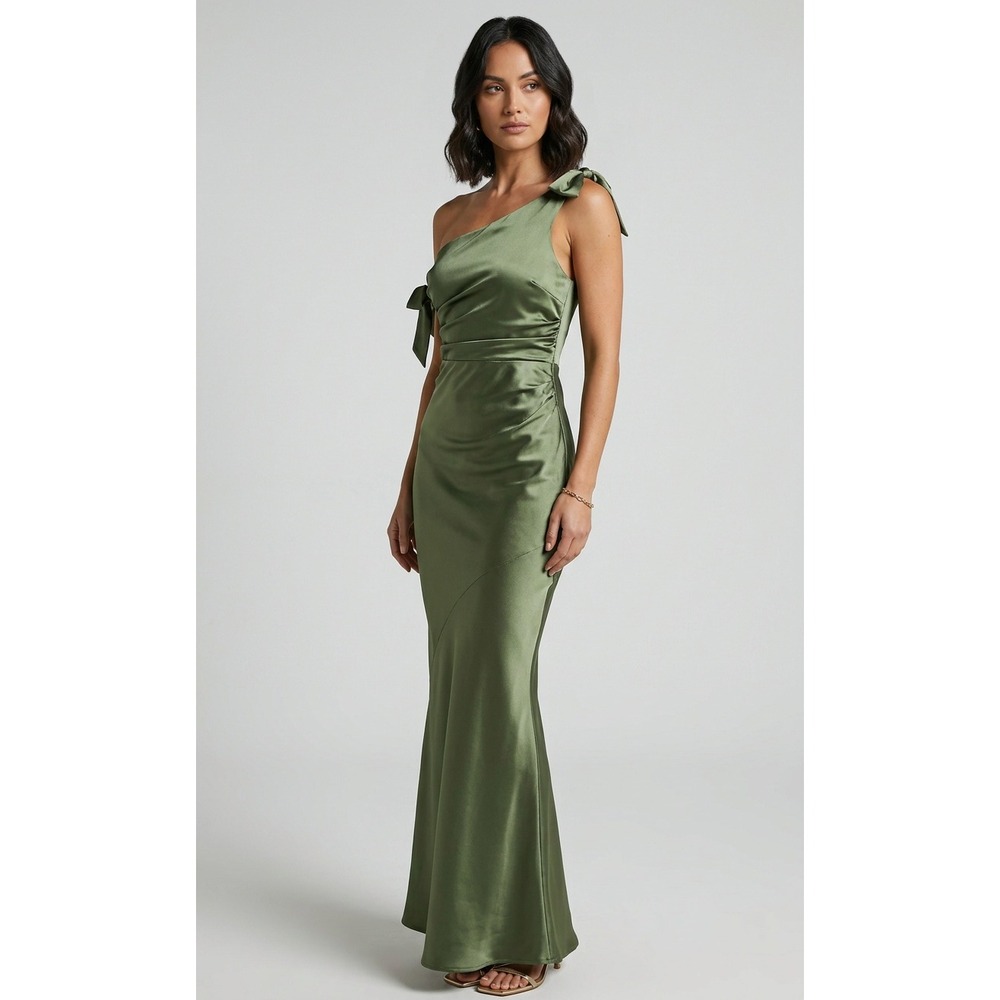 Petal & Pup Selma Off-Shoulder Satin Maxi Dress Gown in Olive - Size S Elegant